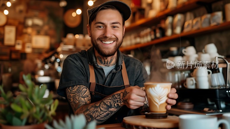咖啡师微笑着端上一杯拉花艺术咖啡