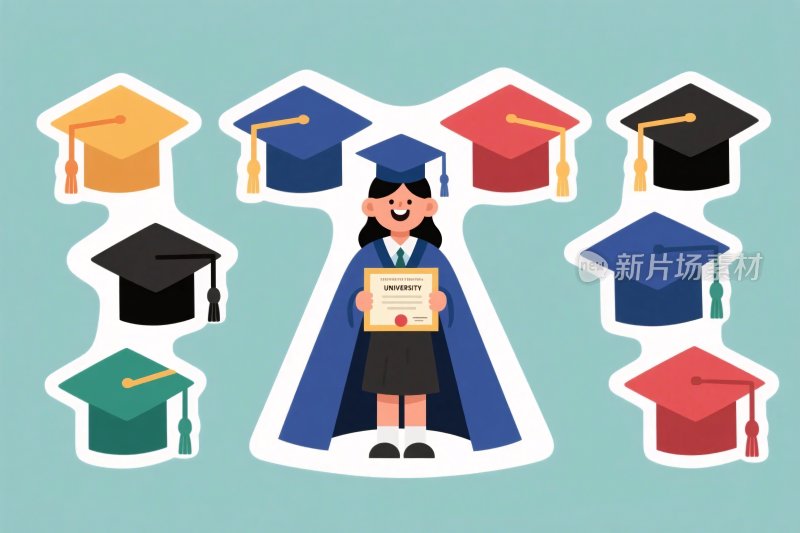 毕业学士帽与证书插画