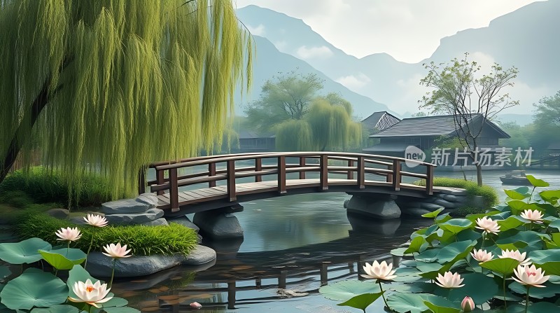 湖畔柳桥映荷花