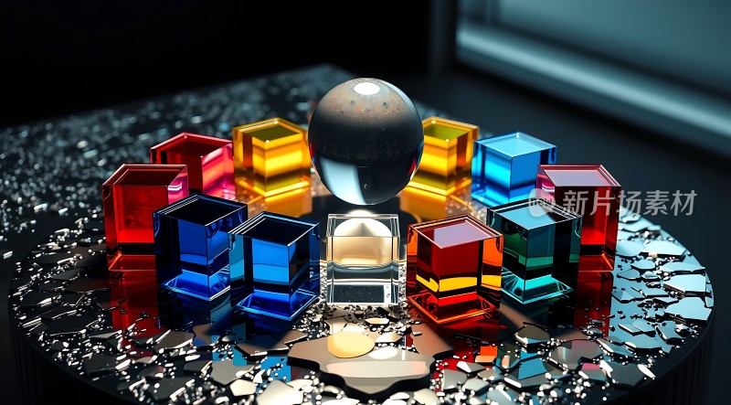 多彩玻璃立方体环绕透明球体
