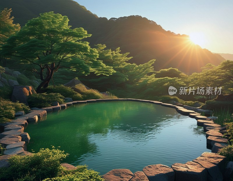 朝阳映照下的八方池