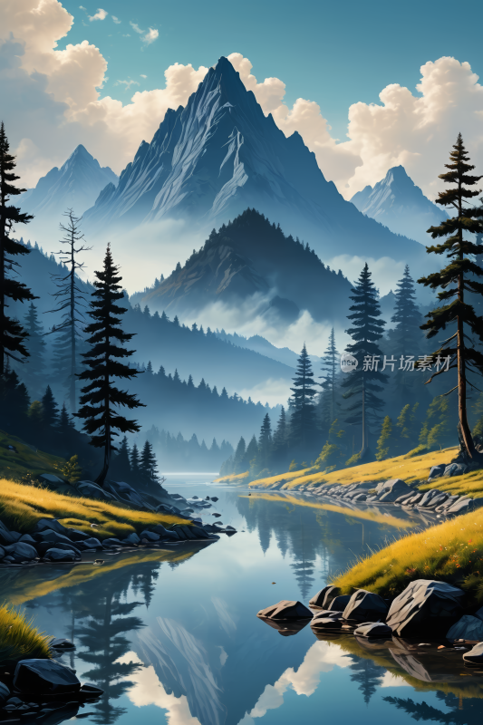 有河流和松树山地景观高清插画图片