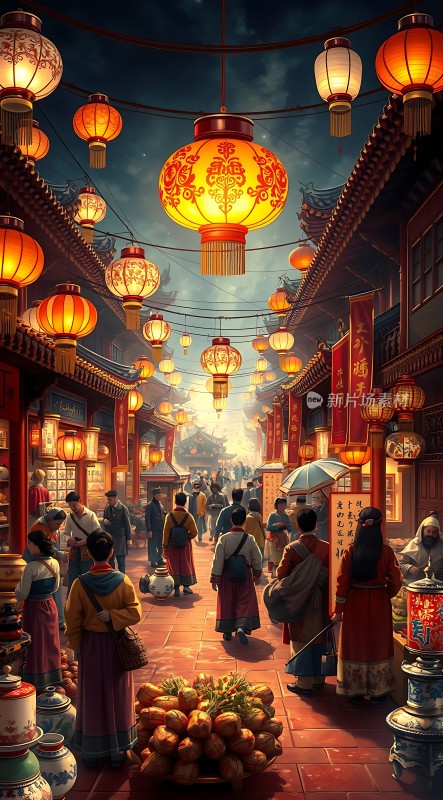 夜幕下的古街市集灯笼高悬热闹非凡