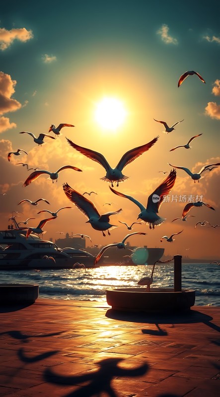 海鸥翱翔日落时分的海洋