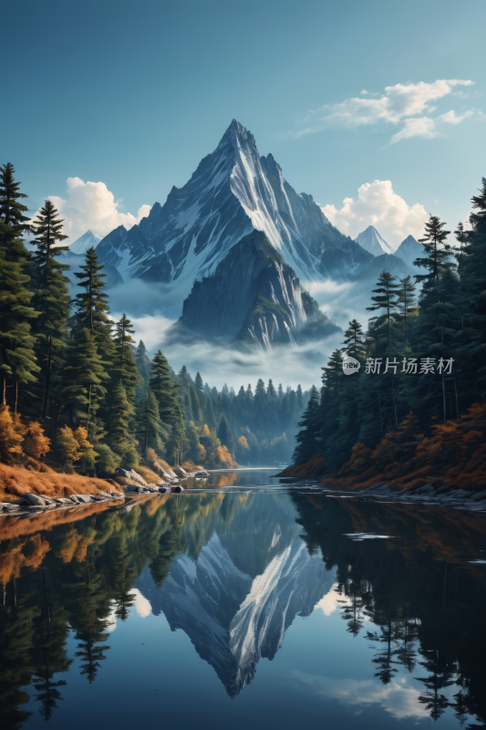 湖中倒映山脉高清插画图片