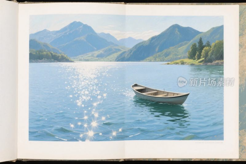 湖景小船山水插画