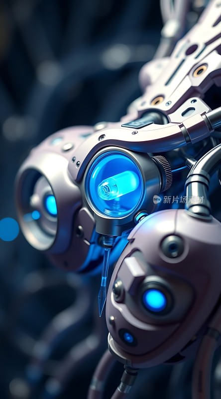 科技感十足的未来机械装置带有发光蓝光的金属部件