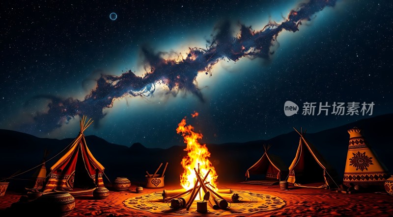 星空下的篝火旁神秘帐篷环绕