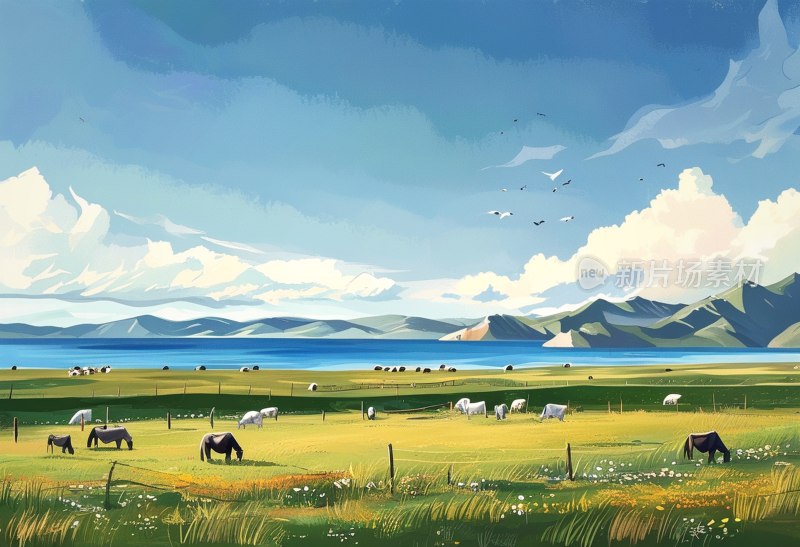 青海湖畔牧场景象