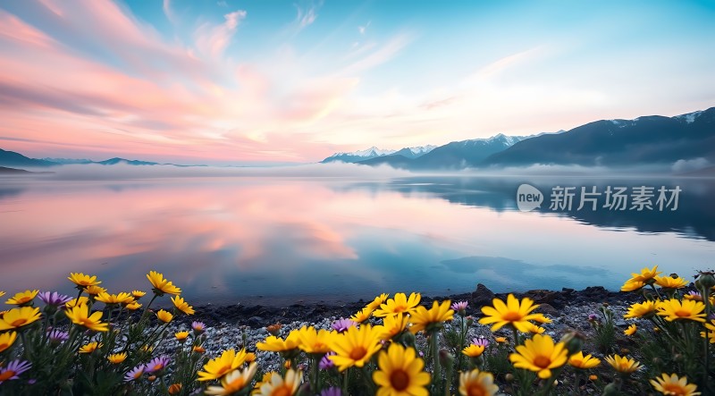 湖畔花语映霞光