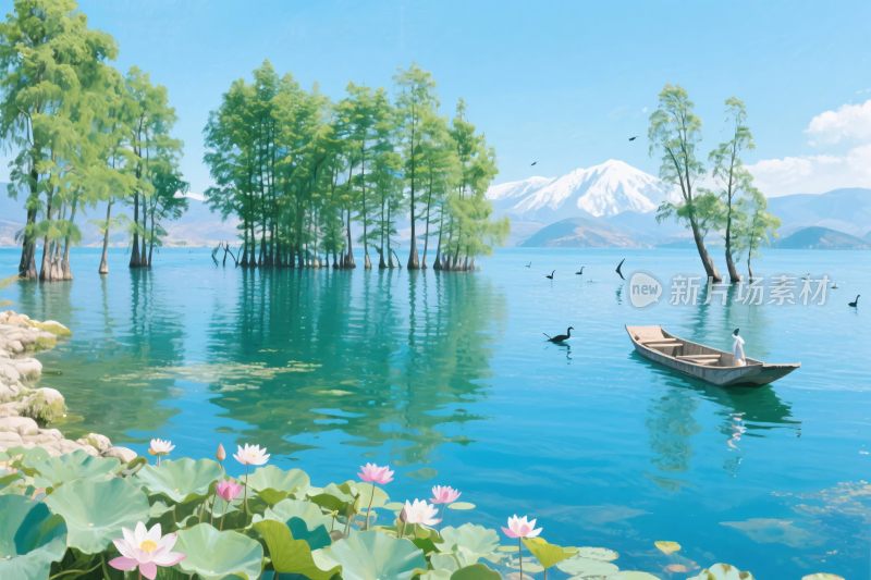 山水湖景风景画