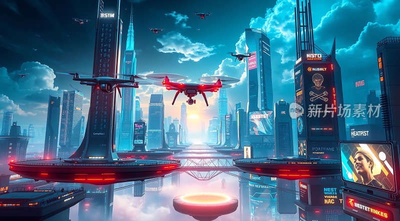 未来科技之城无人机与摩天大楼共舞