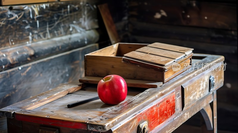 苹果与旧书桌上的木盒