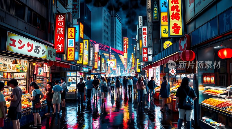 霓虹灯下的繁华夜市人潮涌动美食琳琅满目