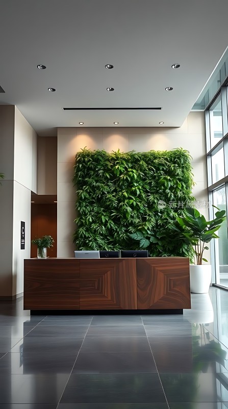 现代办公空间绿植墙与木质接待台相映成趣