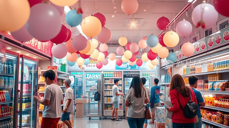 超市购物狂欢节气球点缀欢乐时光