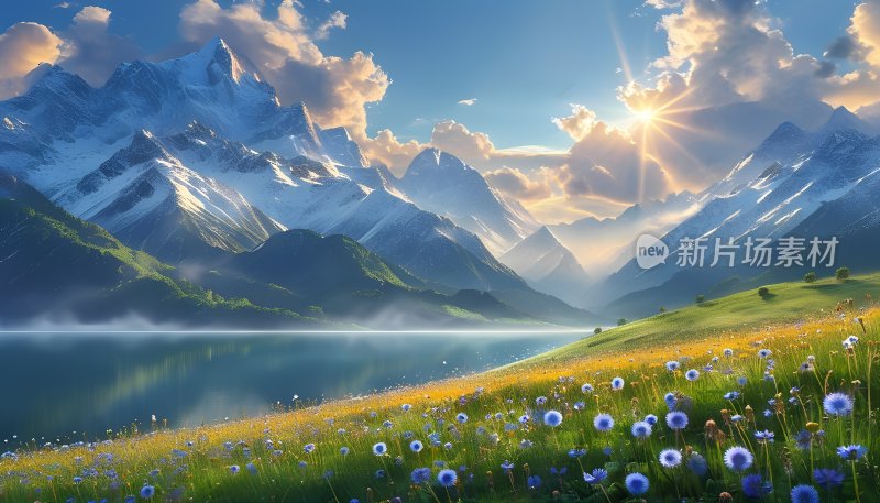雪山下的宁静湖泊 雪山 湖泊 草地 鲜花