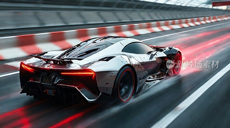 银色赛车疾驰赛道红色尾灯闪烁速度与激情尽显