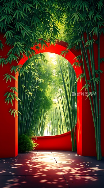 竹影斑驳映红墙