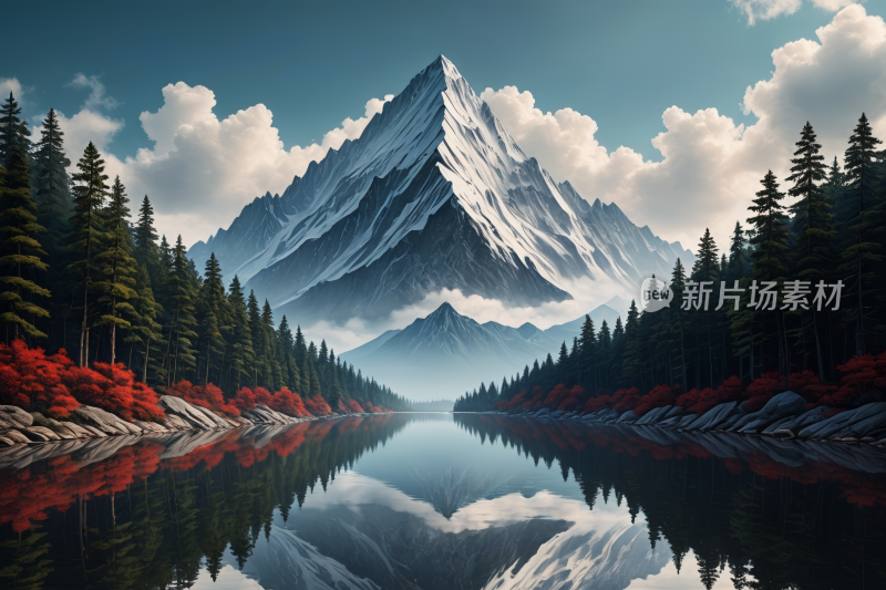 山和树倒映在山的湖中高清风景插画图片