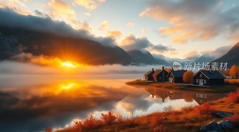 湖畔晨曦山间小屋映日辉
