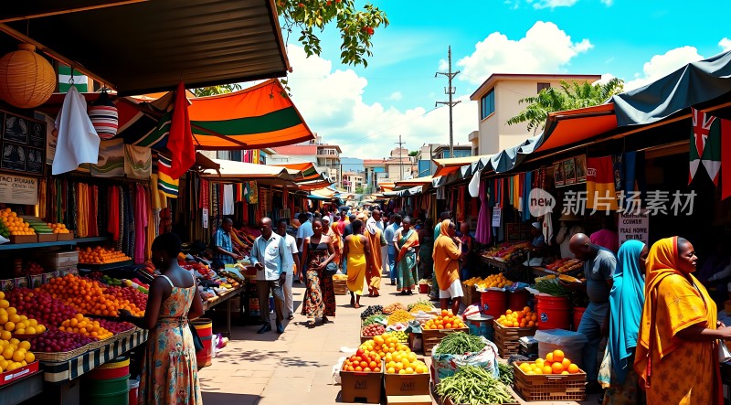 非洲街头热闹集市色彩缤纷的水果和人群熙攘