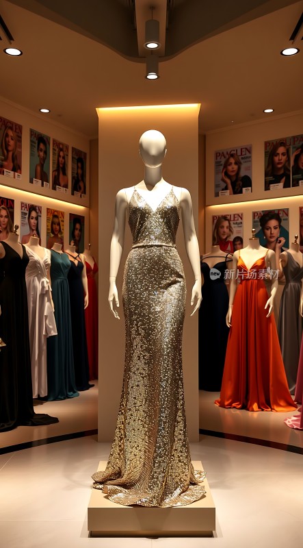 金色礼服闪耀橱窗模特优雅展示时尚魅力