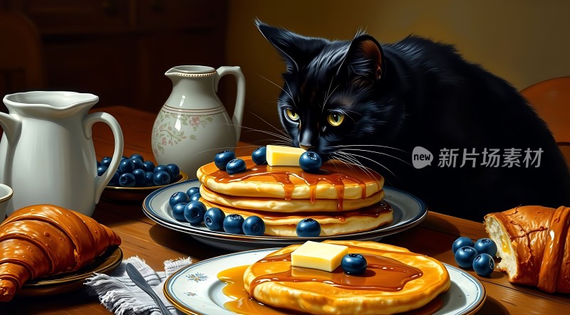 黑猫偷吃蓝莓煎饼