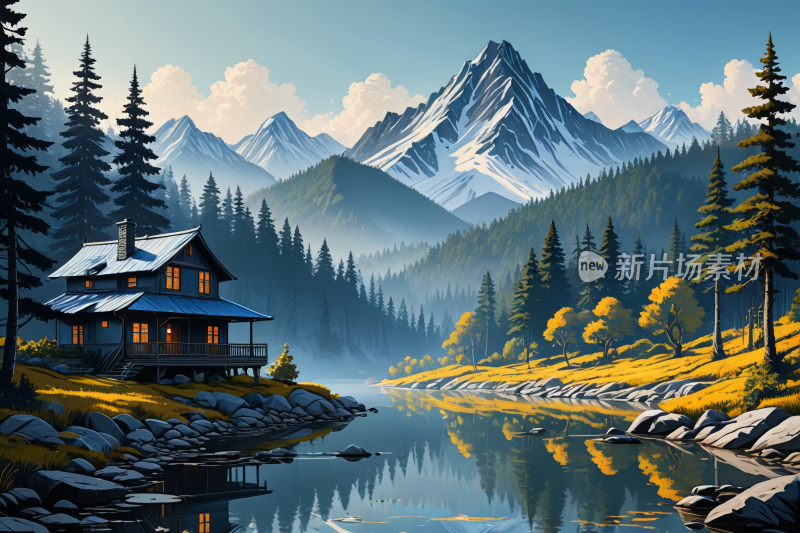 湖山上的小屋高清风景插画图片