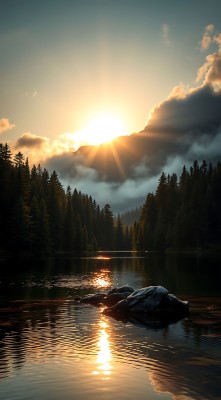 湖畔晨曦映山川