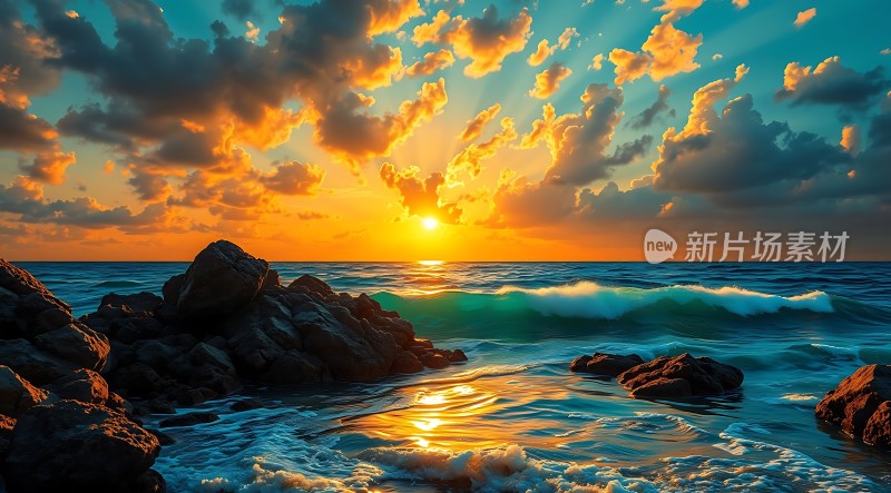 日落时分的海洋与岩石