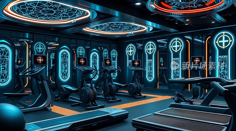 未来科技感健身房蓝色灯光下的健身器材