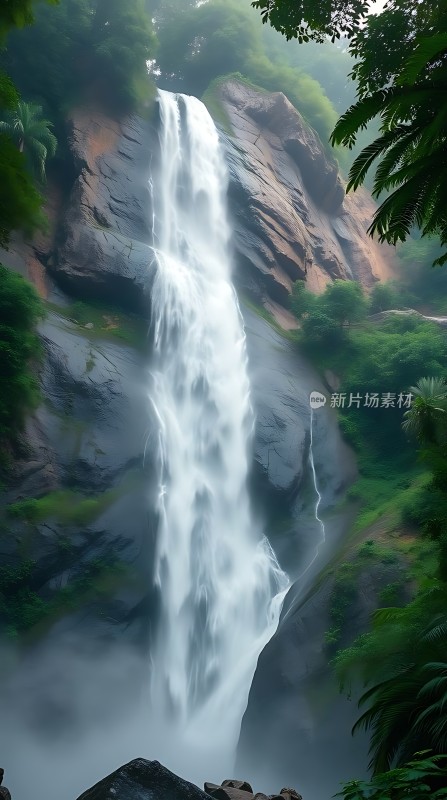 瀑布飞流直下绿意盎然自然美景令人陶醉