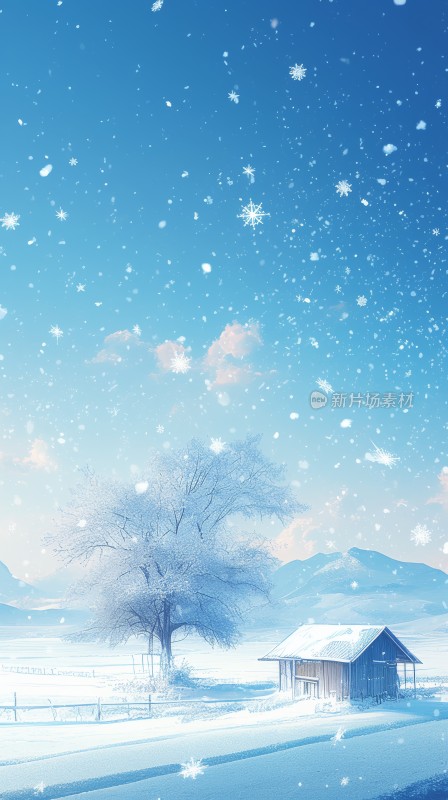 冬日雪山下童话木屋，雪景自然风光