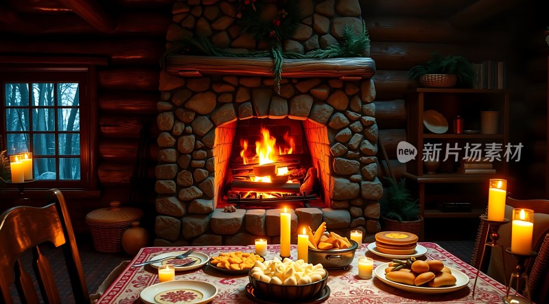 温馨壁炉旁的节日盛宴