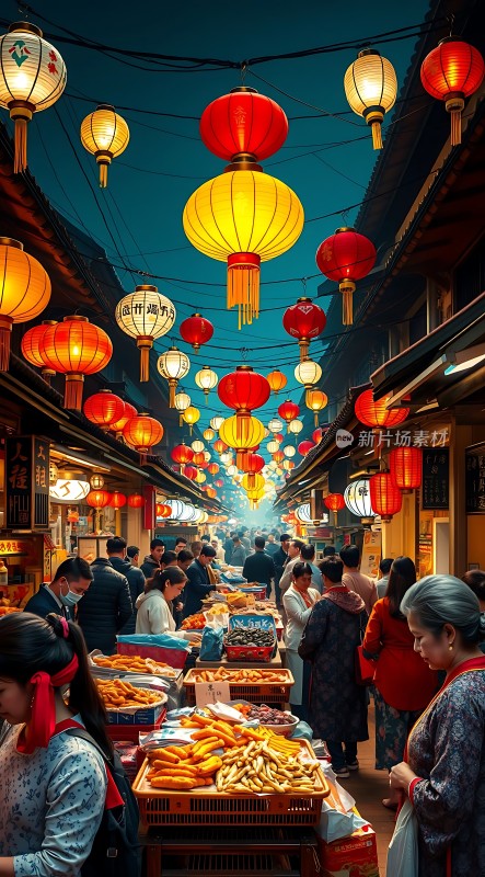 夜市灯笼映照繁华街景