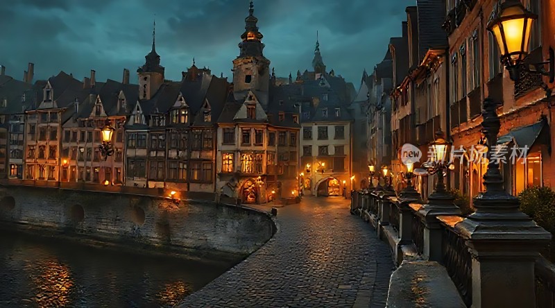 夜幕下的欧洲小镇灯火阑珊映照在宁静的河面上