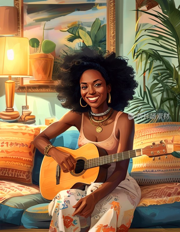 沙发上的黑人吉他手