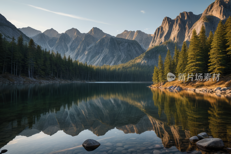 山倒映一个被树木和岩石包围的湖泊中风景