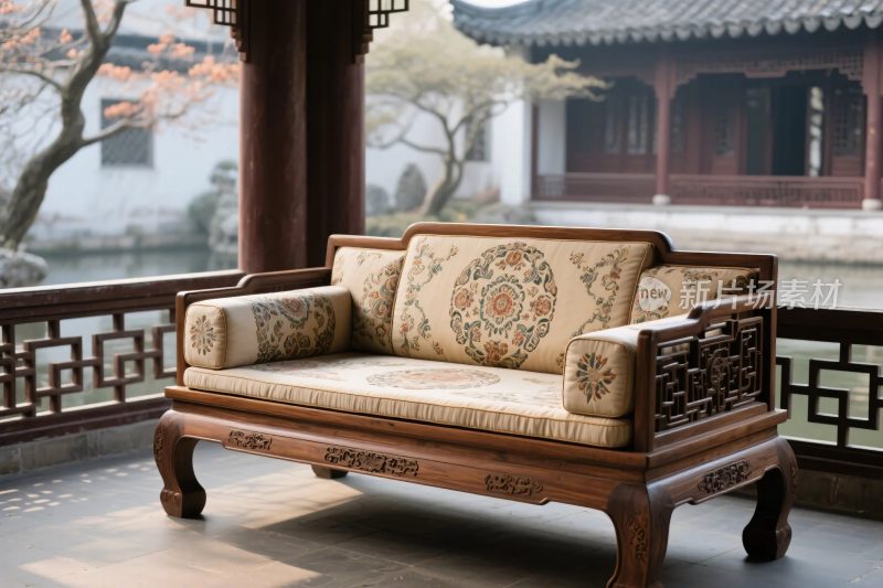 中式古典沙发及园林背景
