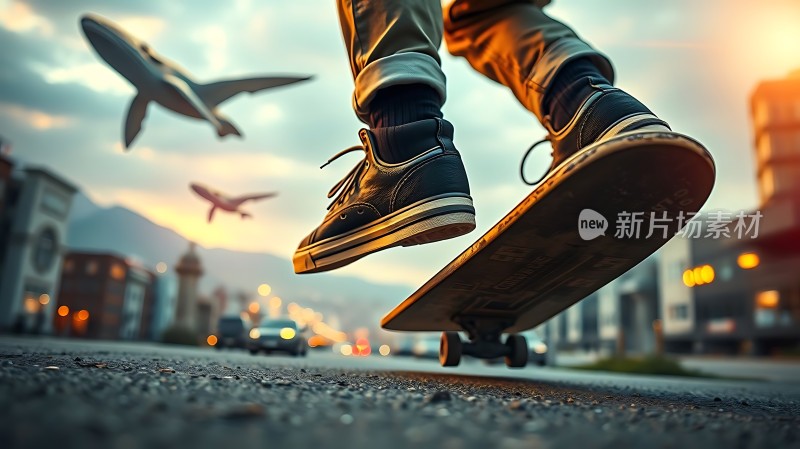 滑板少年飞跃城市