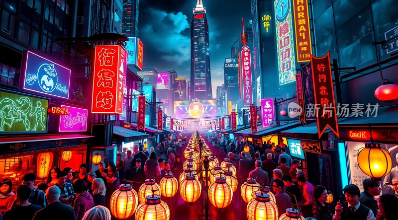 霓虹灯下的繁华夜市