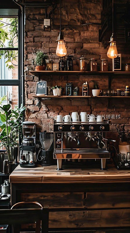 复古咖啡店一角砖墙、木质柜台和咖啡机等元素构成温馨氛围
