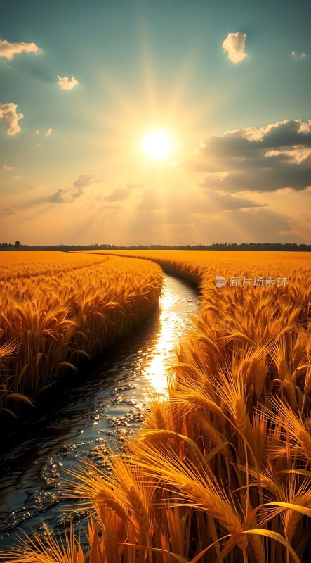 金色麦田阳光小溪宁静自然风光