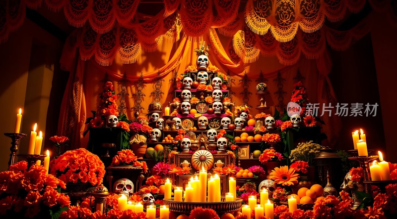 万圣节祭坛骷髅与蜡烛的神秘世界