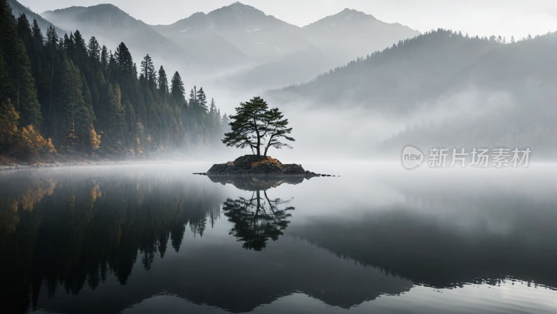 湖中央的一棵孤树高清风景图片