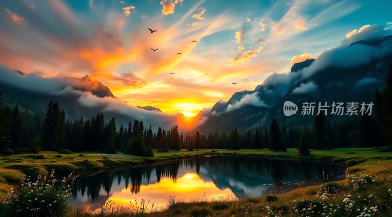 日出湖畔鸟语花香