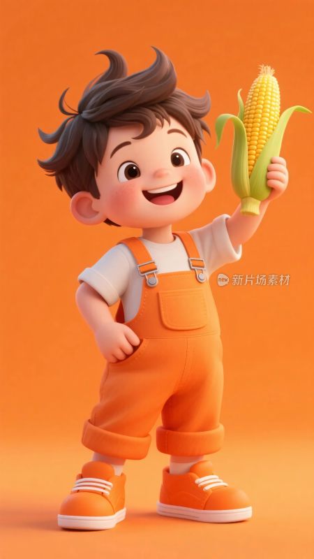 手持玉米的卡通小男孩