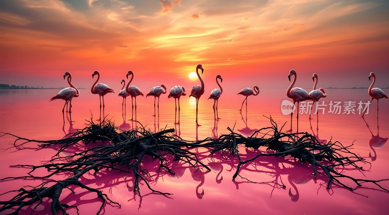火红夕阳映照下的火烈鸟群