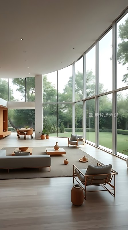 现代简约风格客厅宽敞明亮家具简洁大方窗外绿意盎然